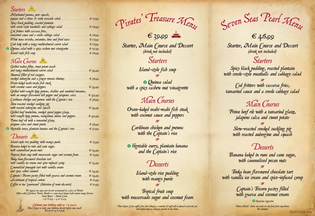 Captain Jack's Menu and Prix Dineyland France