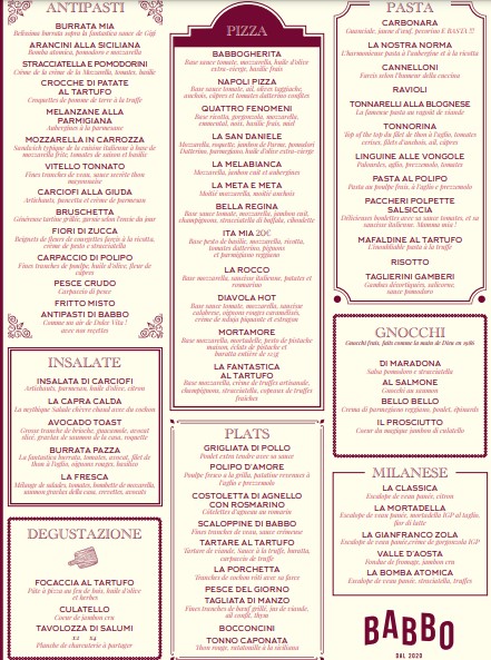 Babbo ristorante Menu