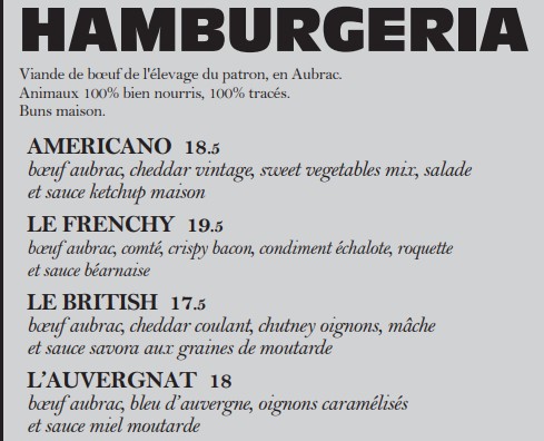 HAMBURGERIA Prix des Menu 