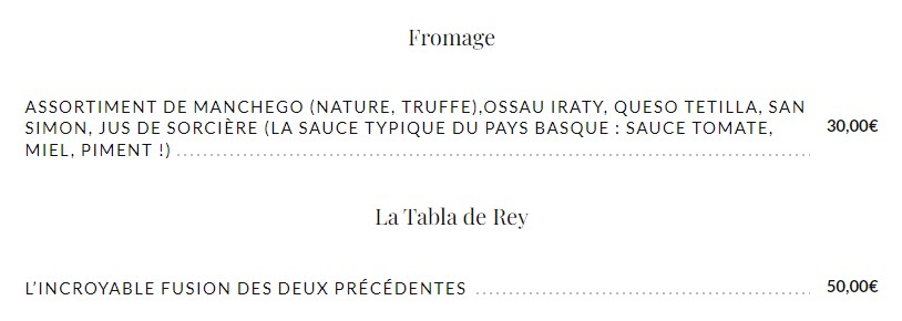 La Noceria Menu fromages