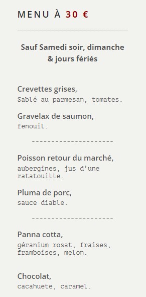 MENU À (Prix = 30 €) 