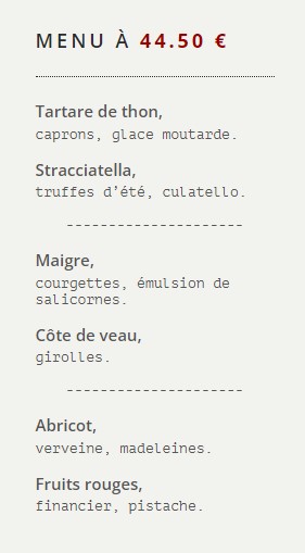 MENU À & Prix = 44.50 € 