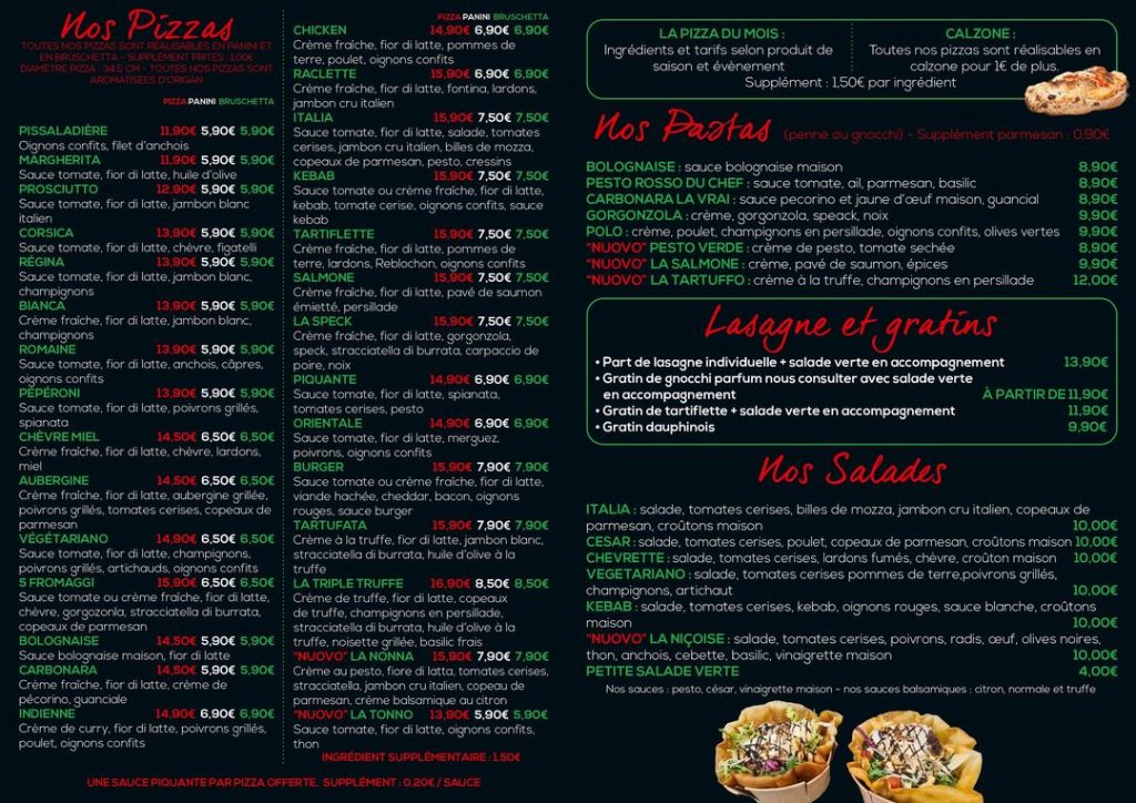 A casa Nostra menu carte