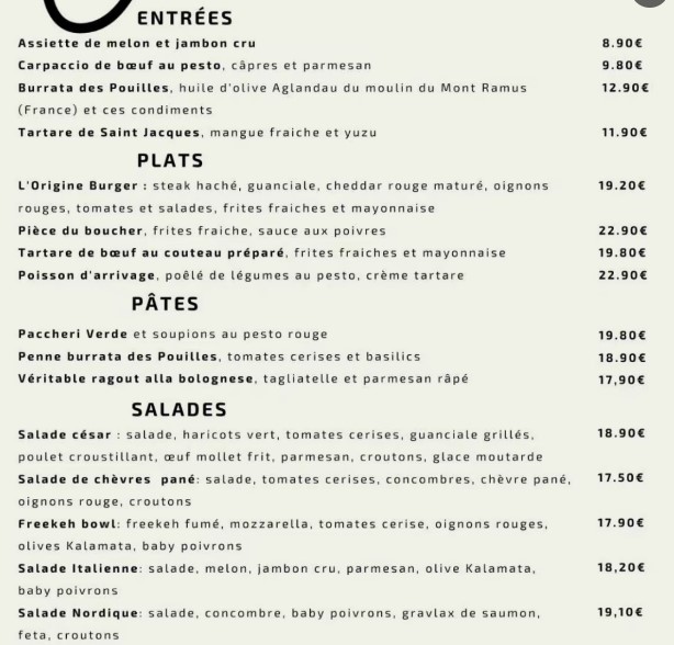 A l’Origine Menu