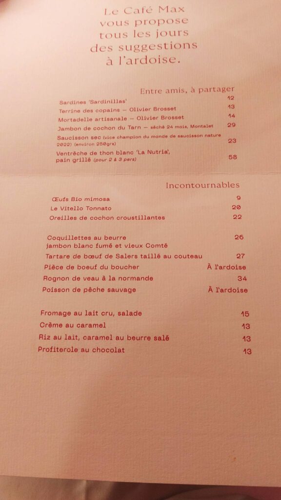 Café Max Invalides Menu